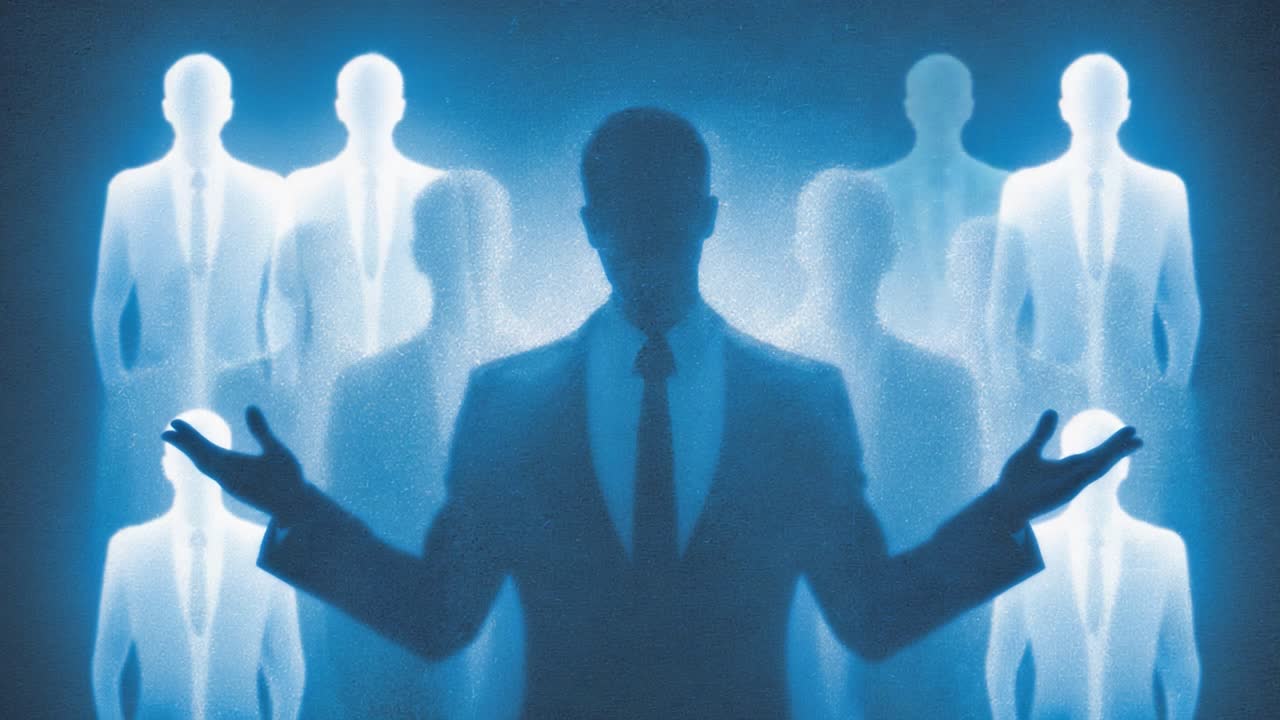 A Mysterious Gathering of Ethereal Figures in Suits Emanating a Blue Glow, Evoking Intrigue and Enigma Around Leadership, Presence, and Influence