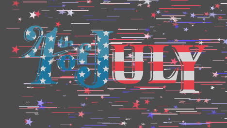 animation of words 4th of july with white, red and blue stars and stripes floating