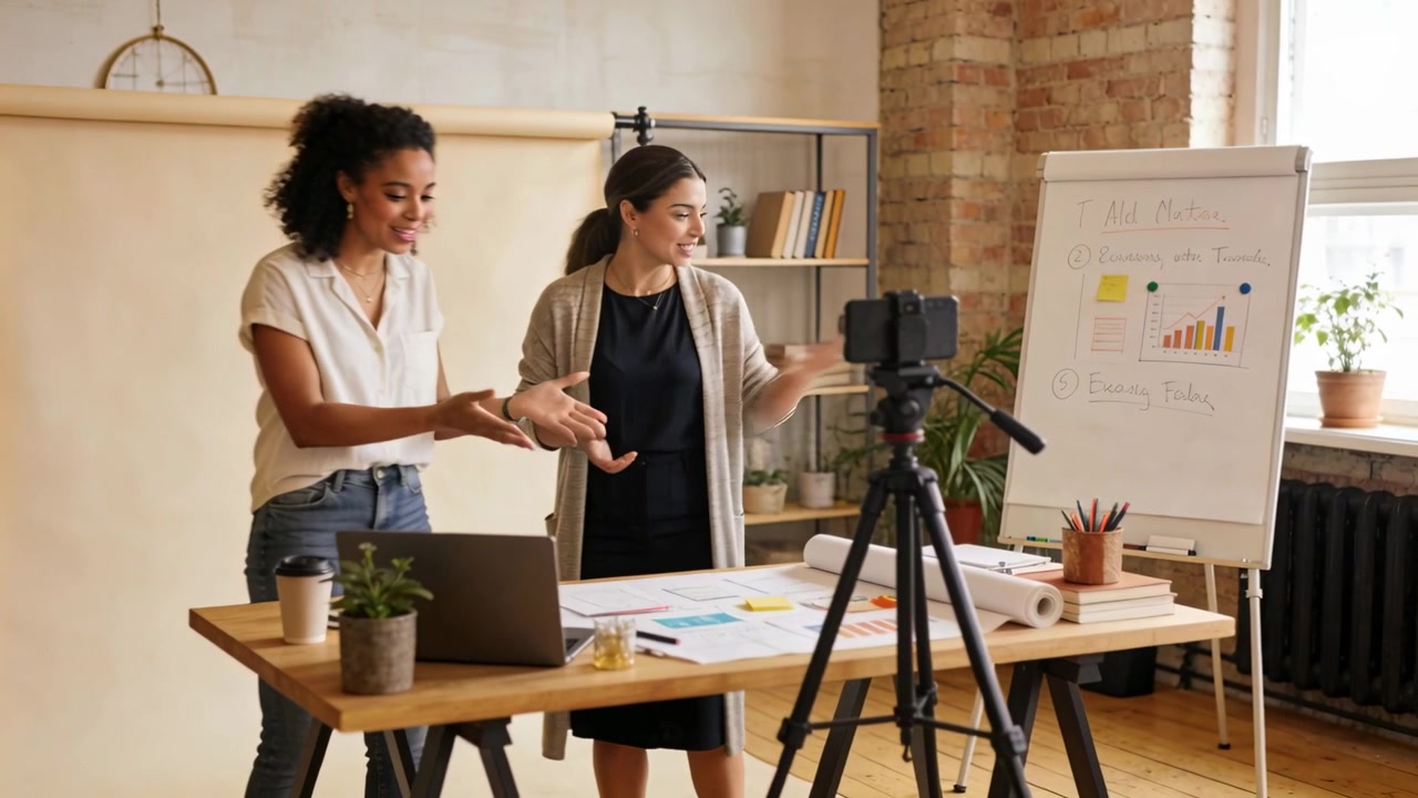 Recording starting for presentation two women in business presenting in studio adjusting tripod