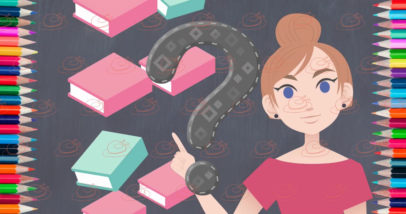 Animation of question mark over teacher and books icons