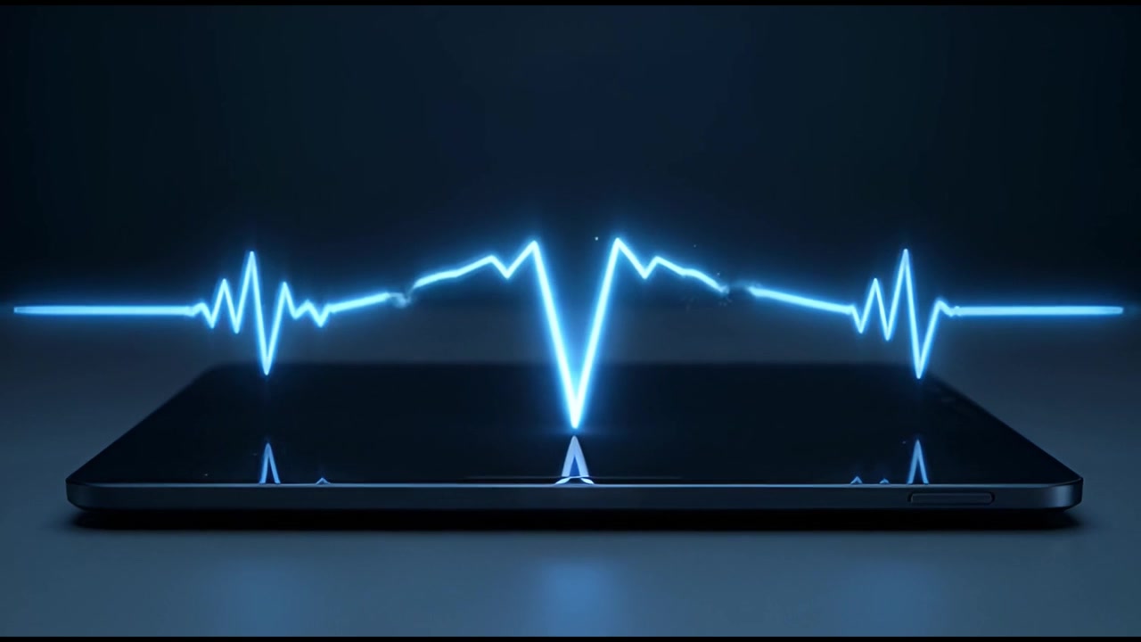 Linea ECG Luminosa che Pulsa Sopra un Tablet Moderno