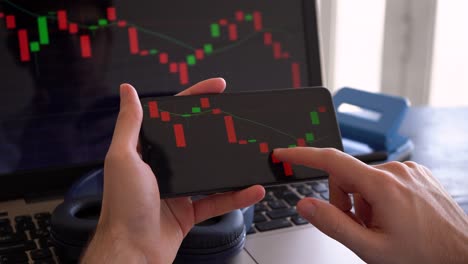 el hombre supervisa el movimiento del gráfico de barras de velas del mercado de valores financiero
