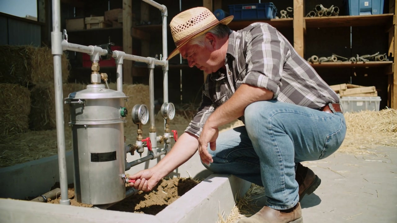 Reaching down man wearing straw hat adjusting valve beside pressure vessel in barn, checking gauges