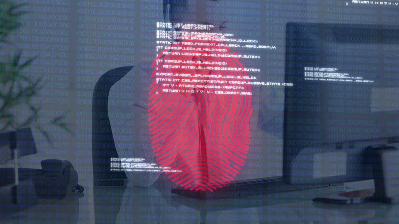 animación de huellas dactilares y procesamiento de datos sobre un hombre de negocios con auriculares