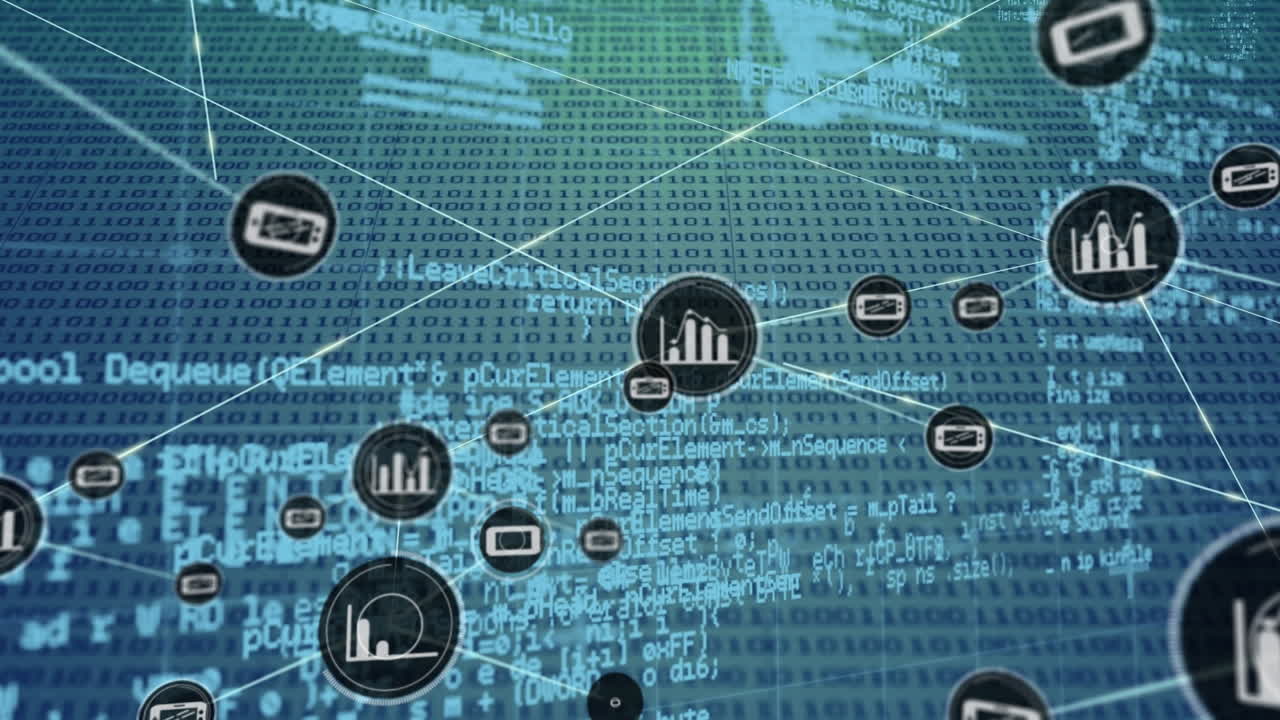 animación de la red de conexión con iconos sobre fondo verde y azul con código binario