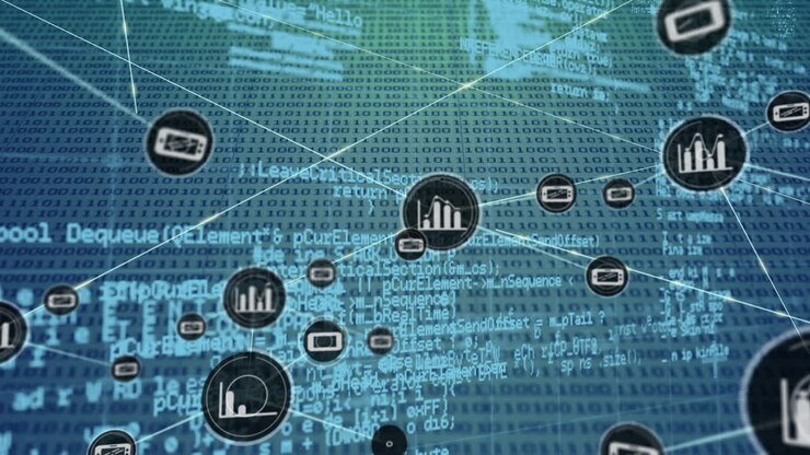 Animation of network of connection with icons over green and blue background with binary code