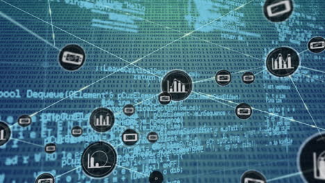 Animation of network of connection with icons over green and blue background with binary code