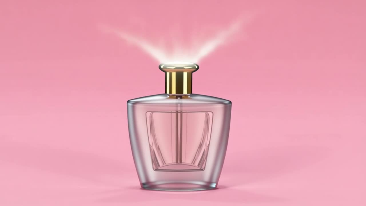 Elegante flacone di profumo che vaporizza nebbia e ruota su sfondo rosa
