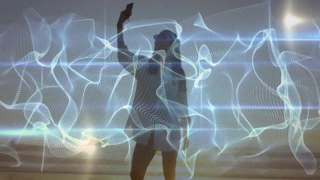 Technology demo mesh shifting revealing woman walking on shore while capturing sunset on smartphone