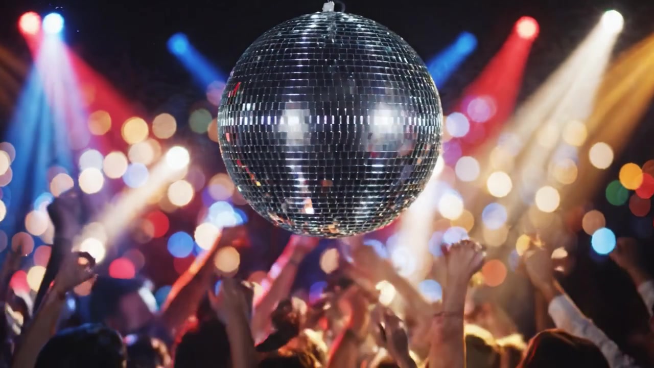 A Vibrant Dance Party Scene Captured with a Shimmering Disco Ball, Radiating Colorful Lights and Energetic Dancers Celebrating Underneath its Sparkling Reflections