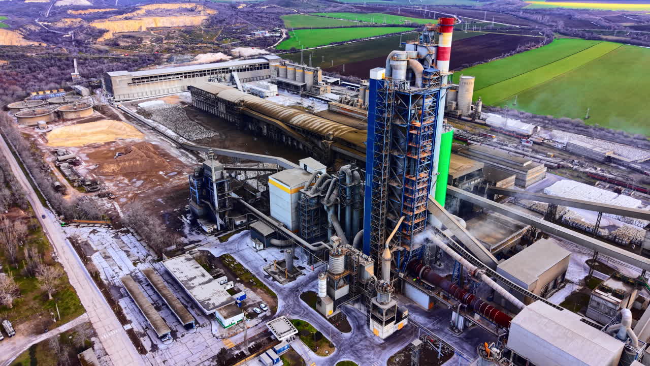 Massive industrial factory with tall towers, conveyors, and chimneys near green agricultural fields. Aerial view of large cement plant industrial complex
