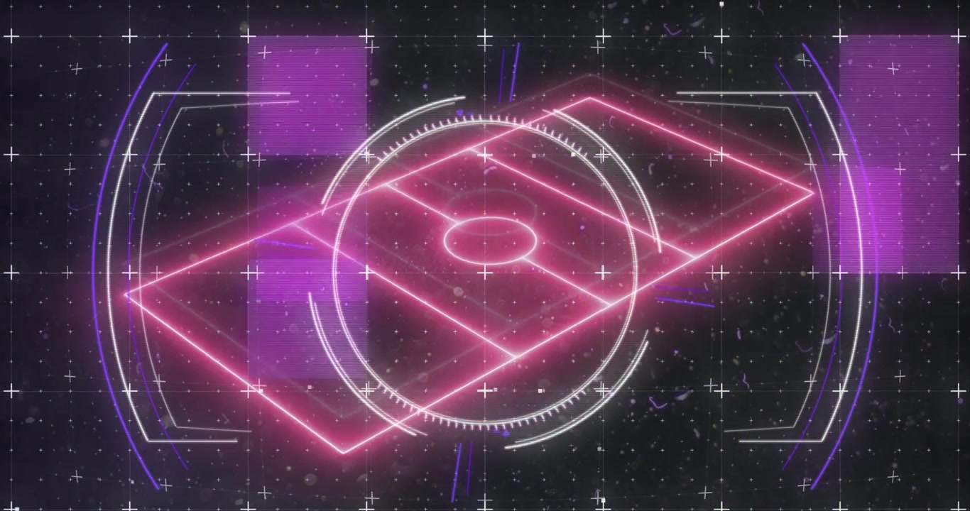 Animation of white shapes over network of connections and data processing on black background