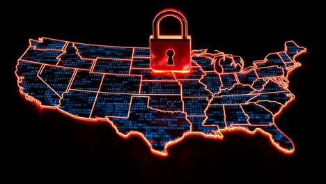 cybersecurity protection over usa map. a digital representation of the usa map featuring a padlock symbol, emphasizing cybersecurity in the modern era.