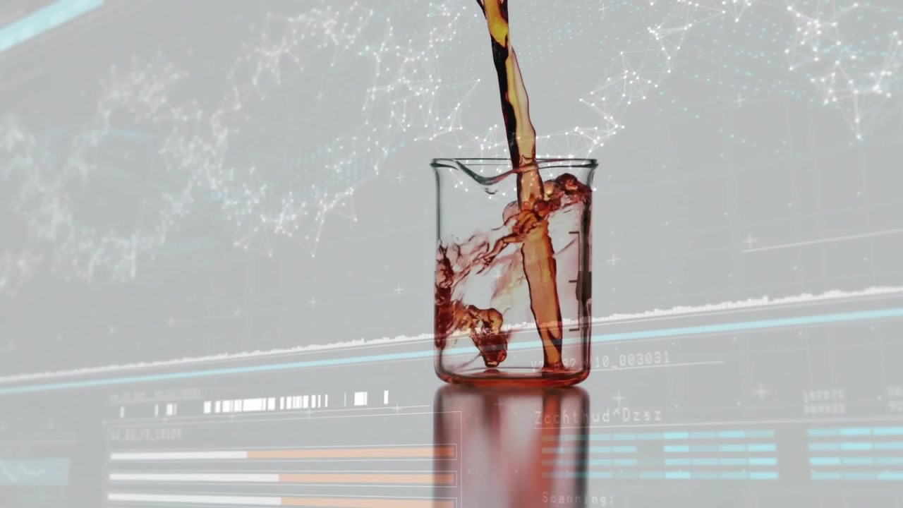 Líquido Avermelhado Derramando em Béquer com Fundo Digital Abstrato