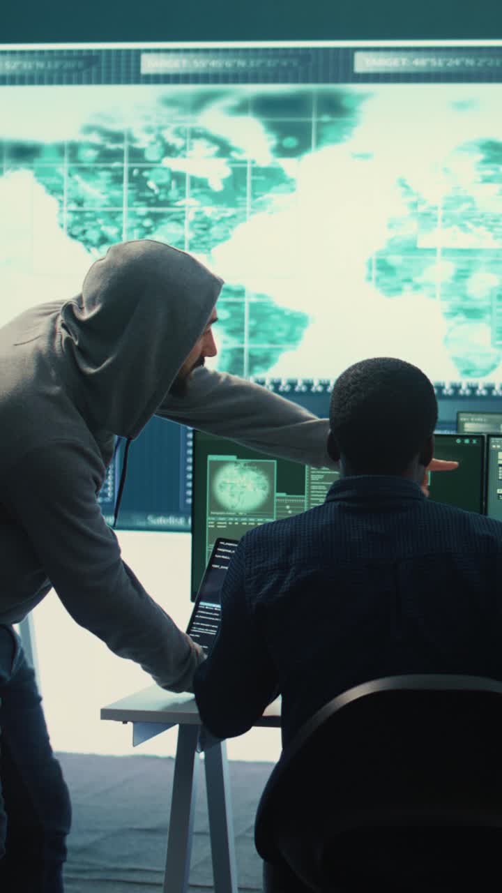 Two Male Programmers Collaborating on Computer Code in Dark Room