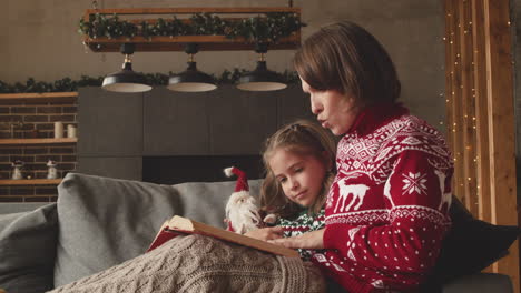 lovely mother sitting on couch with adorable daughter and reading her fairy tale on christmas day at home 4