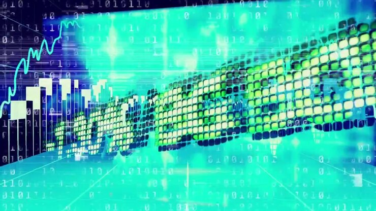 Animated Stock Market Data and Binary Code on Digital Display