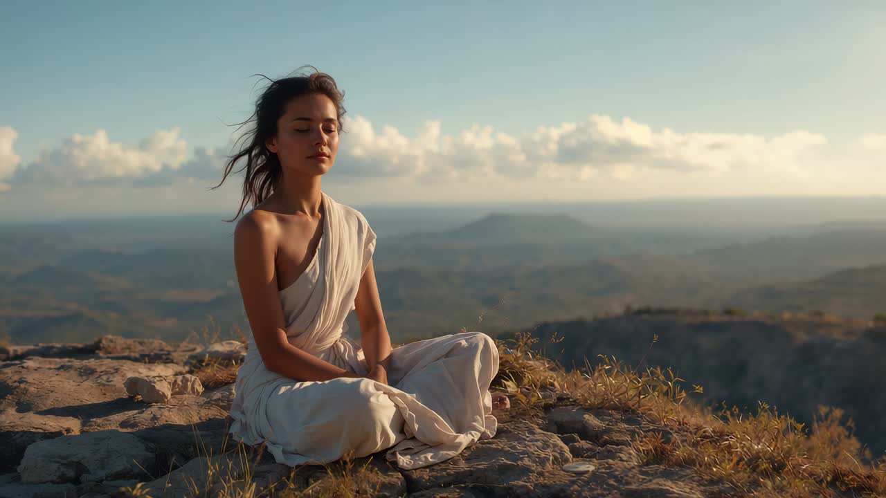 Breeze lifting hair urging meditating woman adjusting posture, opening eyes on cliff in white drape