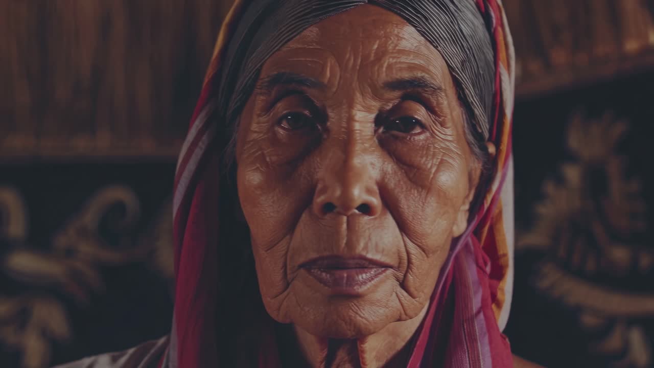 Elderly woman with traditional headscarf, eyes closed in deep contemplation, surrounded by intricate cultural patterns, showcasing serene expression and rich heritage in a captivating moment