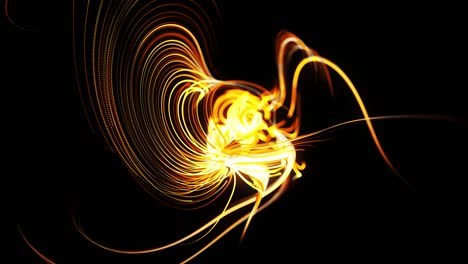 flow of particles forms curled yellow lines like glow light trails or streaks, lines form swirling pattern like curle noise. abstract 3d animation as bright creative festive bg. fast lines of light