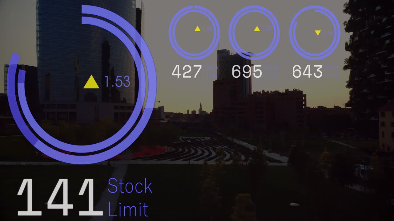 Animation of stock market data processing against aerial view of cityscape