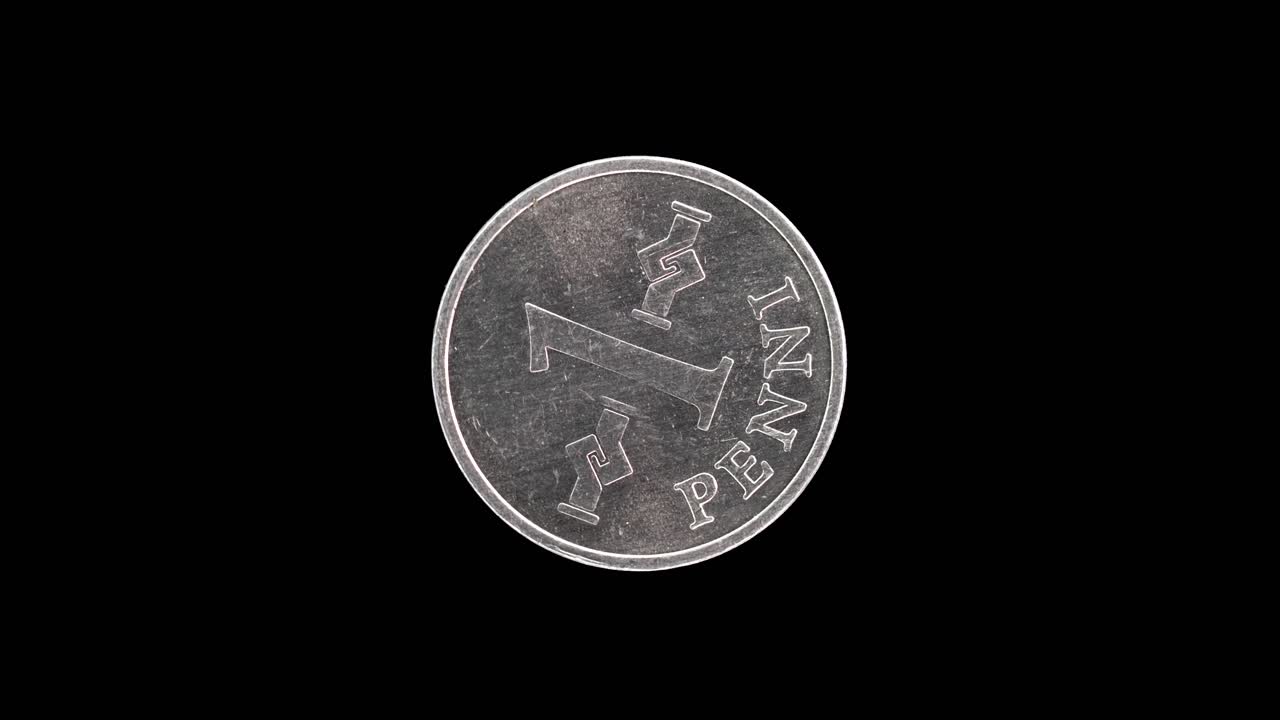 Finland 1974 1 penni coin reverse with large denomination rotating on black background