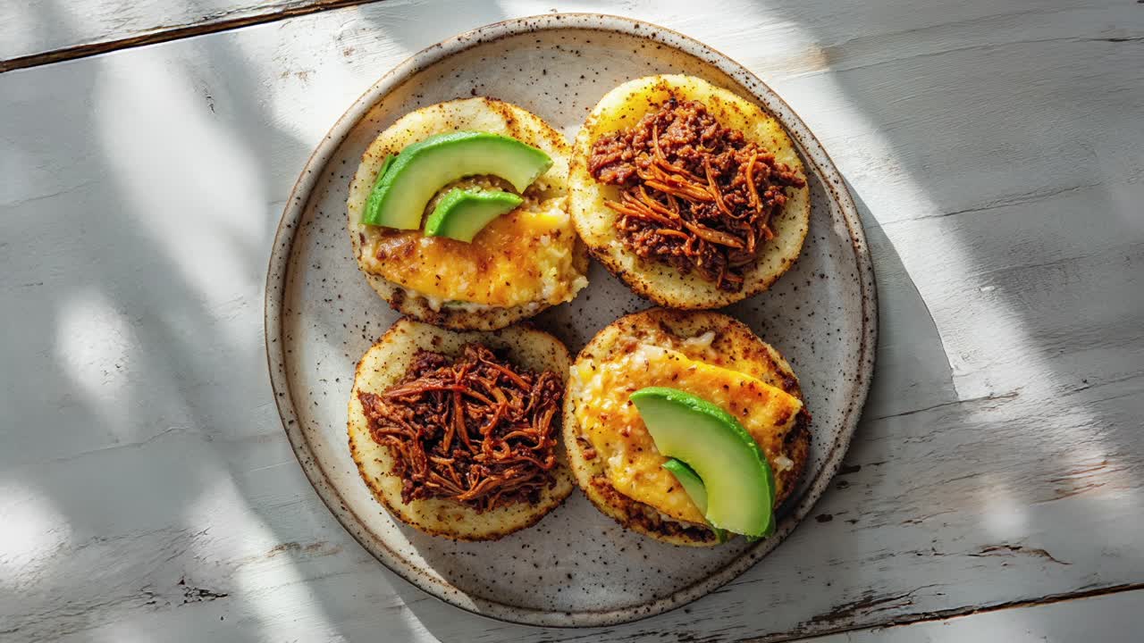 Arepas con maiale sfilacciato, formaggio e avocado.