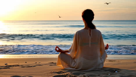 woman meditating on a beach at sunset
