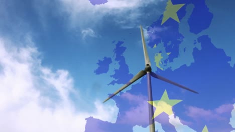 Animación-De-La-Bandera-De-La-Unión-Europea-Sobre-El-Mapa-De-Europa-Y-Turbina-Eólica-Giratoria-En-El-Cielo-Azul-Nublado