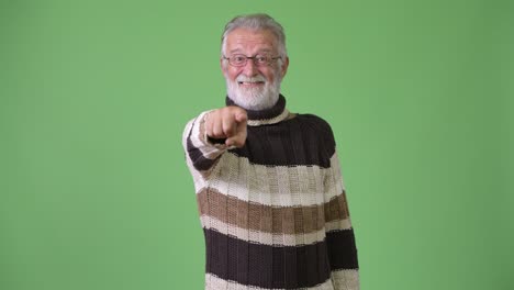 hombre barbudo y guapo con ropa cálida contra un fondo verde