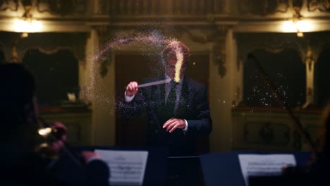 cinematic shot of symphony orchestra with performers all wearing santa hats playing violins, cello and trumpet on classic theatre with curtain stage during christmas