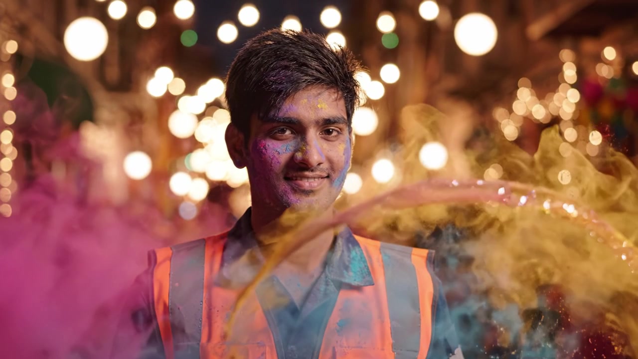 Celebração de Cores: Um Jovem Alegre Envolvido em um Festival Vibrante Cercado por Pó Colorido e Luzes Cintilantes em uma Atmosfera Noturna Encantadora