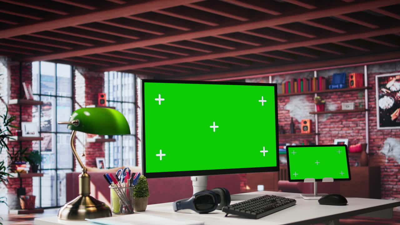 Empty apartment loft with computer running isolated mockup screen