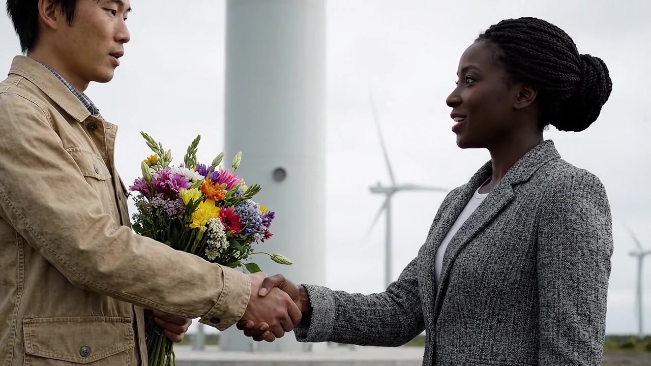 Ein herzerwärmender Moment, in dem zwei Personen inmitten von Windkraftanlagen eine Verbindung teilen, wobei ein Blumenstrauß Zuneigung und echte Emotionen in der Luft symbolisiert