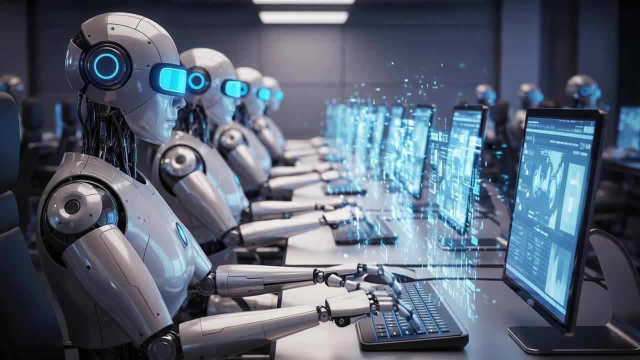 Futuristic Robots Engaged in Data Analysis, Utilizing Advanced Interfaces while Processing Information in a High-Tech Work Environment