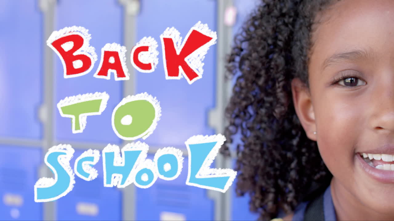 Back to school text over student with curly hair in front of lockers