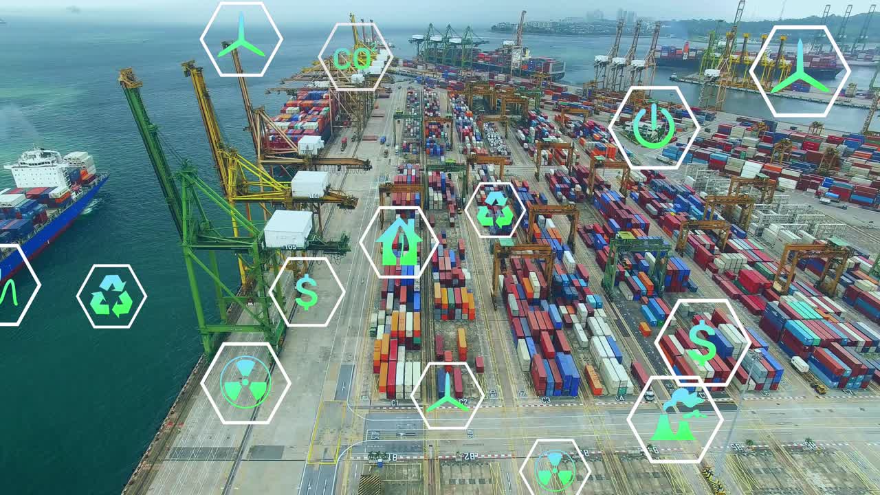 animación de una red de iconos ecológicos y respetuosos con el medio ambiente en el puerto marítimo