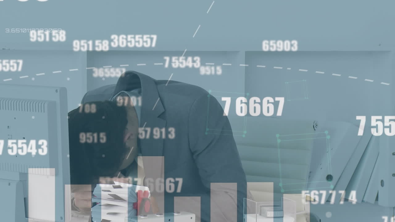 사무실에서 좌절 된 백인 사업가에 대한 통계 데이터 처리의 애니메이션