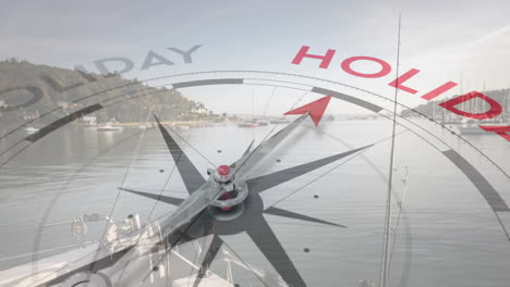 compass pointing to holiday animation over serene harbor with boats and houses