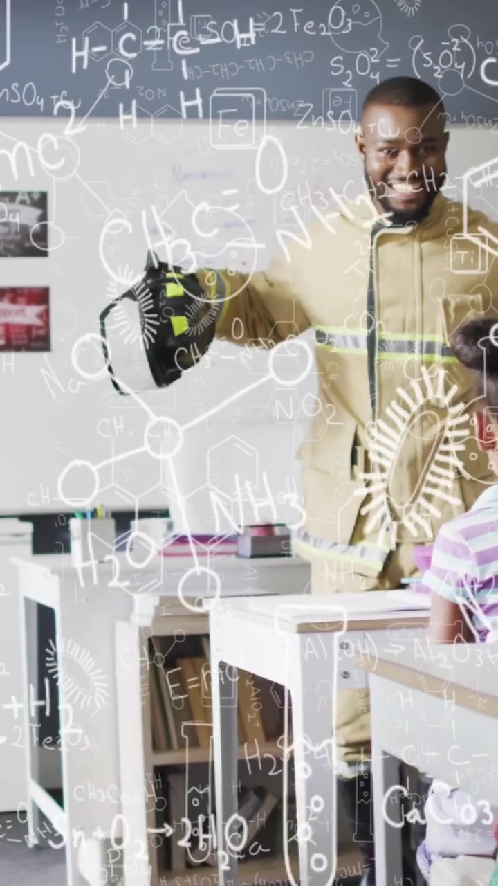 Animation of chemical formula over diverse schoolchildren learning with male teacher in classroom