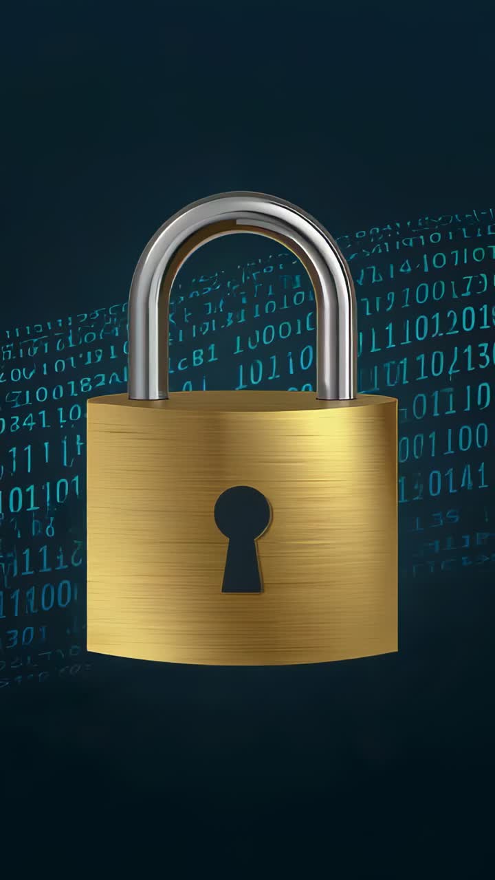 Vertical video: Starting brass padlock bobbing on teal backdrop, binary code streaming for security