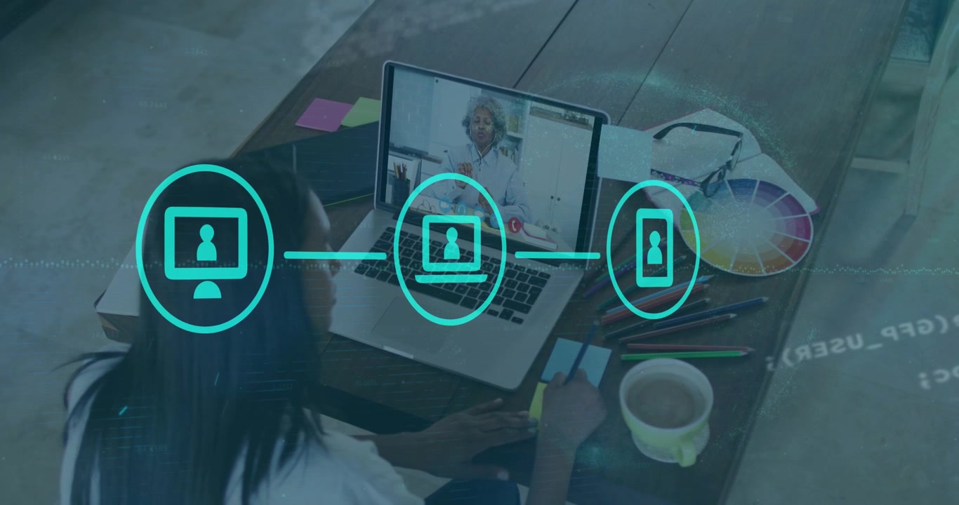 Woman Participating in Video Conference Call with Digital Network Overlay