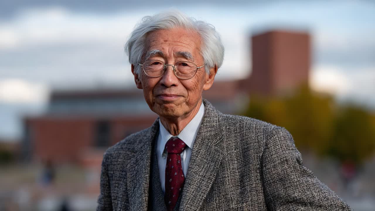 A Distinguished Elderly Gentleman in a Gray Suit with Glasses Smiling Against a Distant Cityscape: Capturing Wisdom and Experience in Everyday Life