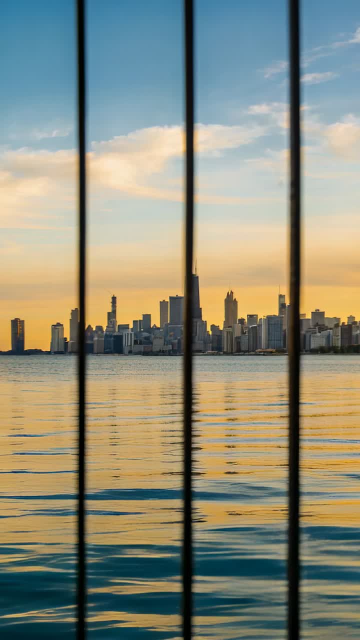 Video vertical: Cámara panorámica revelando el horizonte de la ciudad y el agua tranquila en el muelle, enmarcando una barandilla de metal.