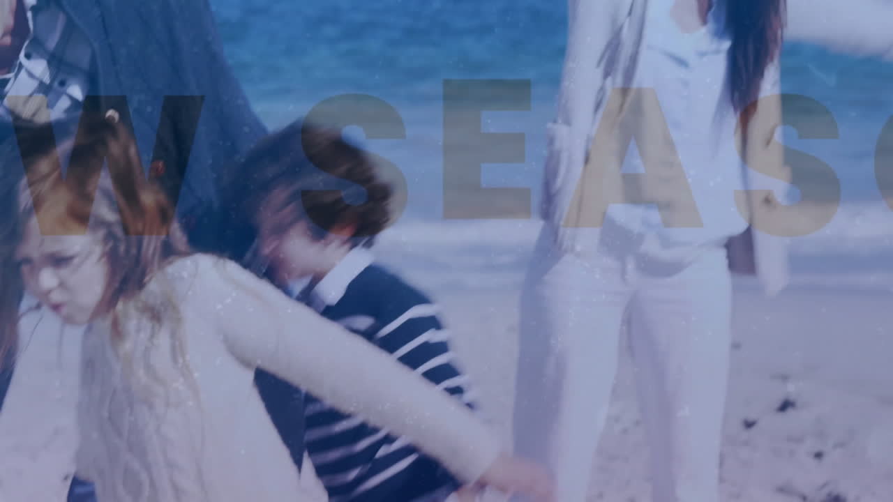 Playing on beach, people joyfully creating animation with large text in background