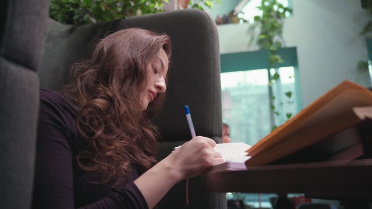 Side view of woman with long wavy brown hair writing attentively in notebook beside window, surrounded by soft indoor lighting and lush blurred greenery in background, peaceful learning atmosphere