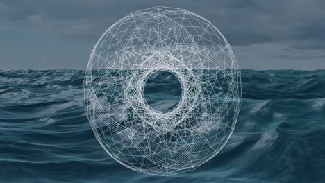white geometric wireframe torus floating above dark blue ocean waves, showing 3d render style