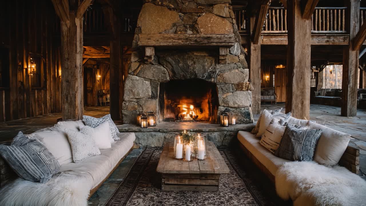 Cozy Living Room with Rustic Charm: A Serene Space Featuring a Stone Fireplace, Comfortable Seating, and Warm Candlelight for a Perfect Relaxing Atmosphere