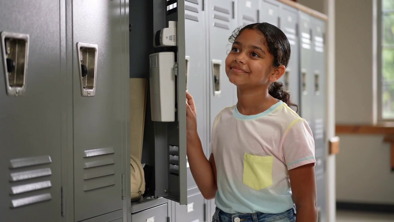 Reaching schoolgirl in pastel tee opening locker in school hallway, retrieving backpack and bottle