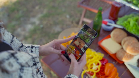 manos de mujer tomando fotos de la comida de picnic con el teléfono. primer plano.